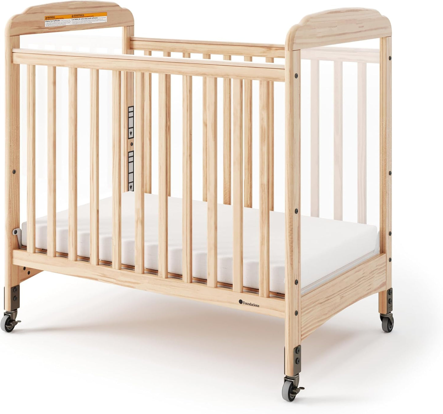 Foundations Serenity Compact Clearview Daycare Crib, Fixed Side, Durable Wood Construction, Adjustable Mattress Board, Clear End Panels. Includes 3” InfaPure Foam Mattress (Natural)