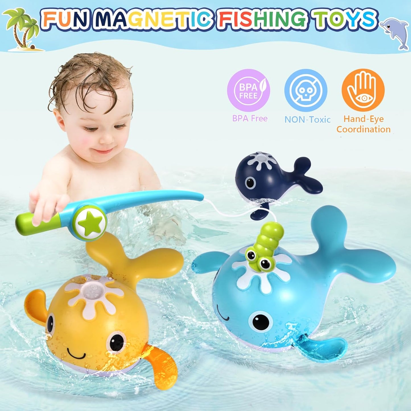 Baby Bath Toys Set, Wind Up Pool Toys for Toddlers 1-3, Kids Magnetic Fishing Toys with 1 Fishing Rod & 1 Net & 4 Brightly Colored Whales, Boys and Girls Birthday Gifts