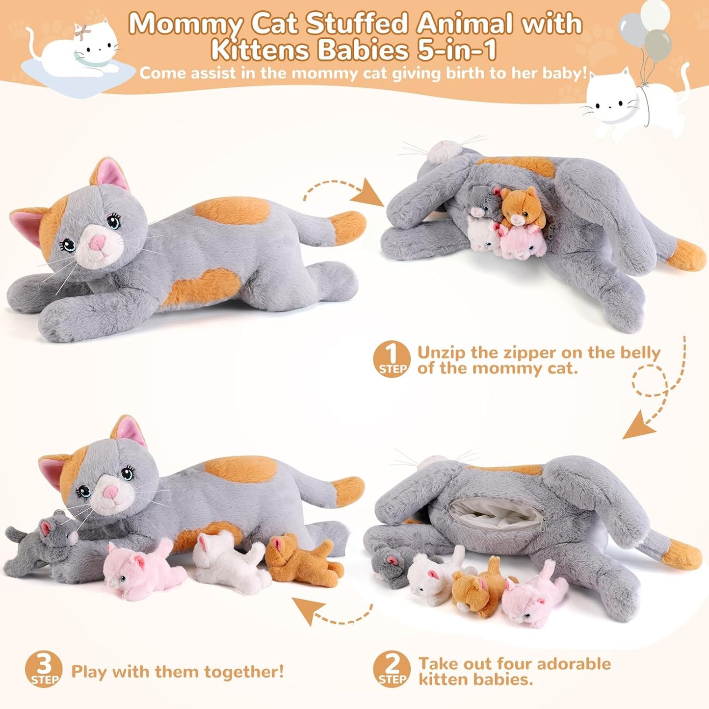 5 Pieces Cat Stuffed Animals with Babies Inside Belly - 1 Mommy Stuffed Cat with 4 Kittens - Stuffed Kitty Plush Toys for Kid Age 3-8, Gift Ideal for Christmas, Valentine's, Birthday (Grey)