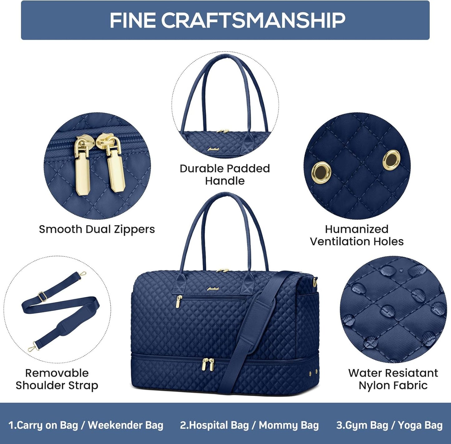 Travel Weekender Bags for Women - Carry on Overnight Bags with Shoe Compartment Duffle Bag with Laptop Pocket Hospital Bag for Labor Delivery Gym Tote Bag with Toiletry Bag Blue