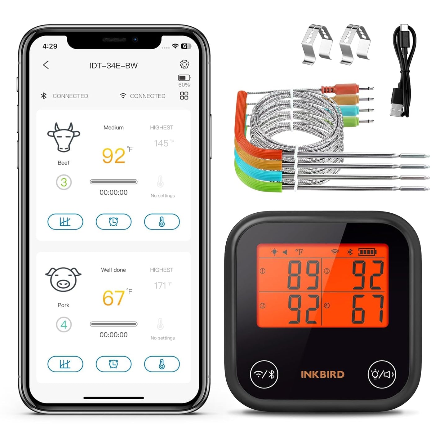 INKBIRD Dual Mode WiFi Wireless Meat Thermometer, 4 Probes with Clear LCD for Smoking, Bluetooth Meat Thermometer with Smart APP Control for Oven, Cooking