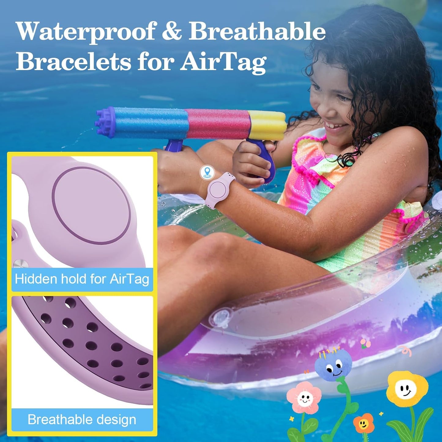 Waterproof Bracelets Compatible with AirTag for Kids, 2 Packs Silicone Holder with Hidden Cover Design Wristband Compatible with AirTag for Child, Breathable GPS Tracker Holder for Kids PWP