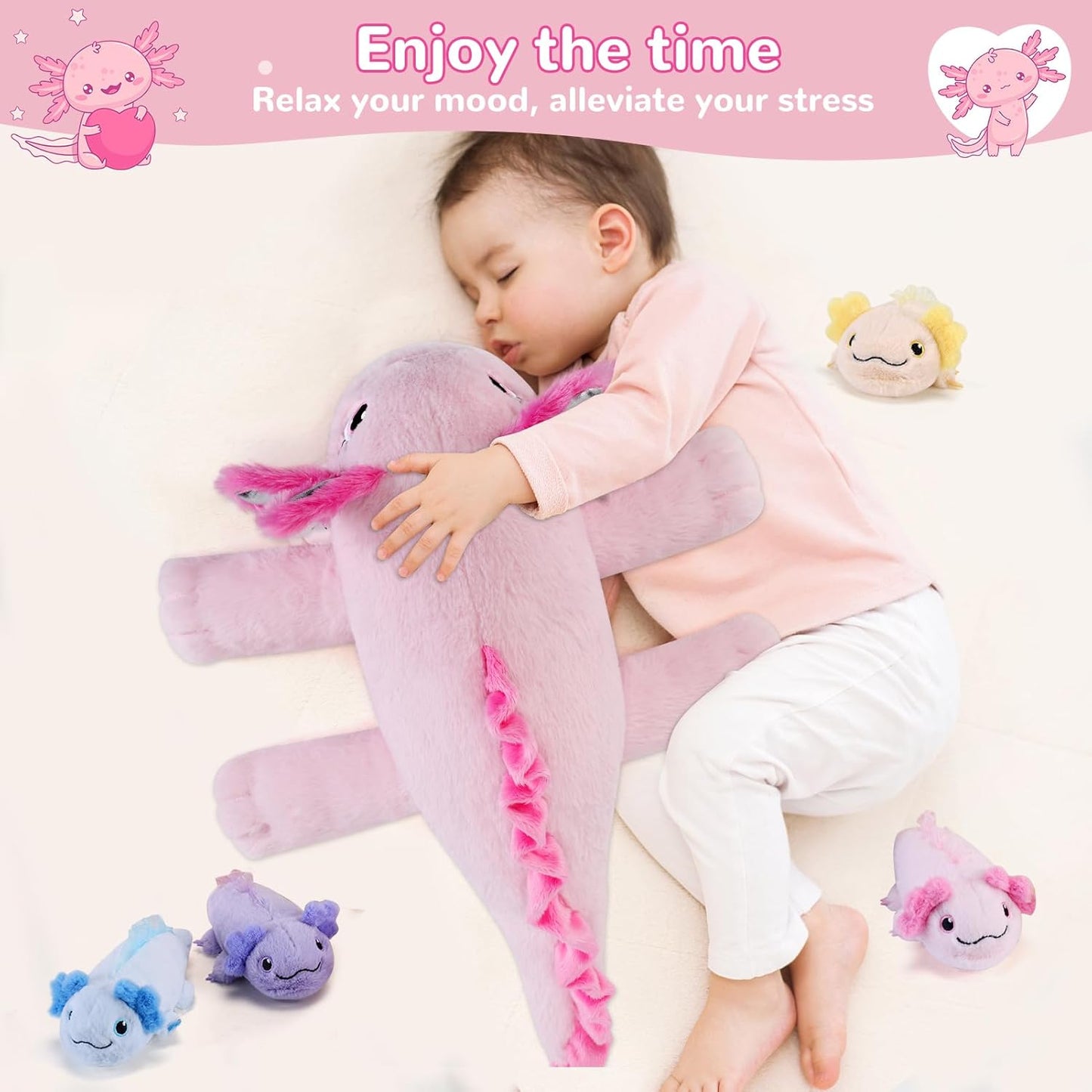 5 Pieces Axolotl Stuffed Animals with Babies Inside Belly - 1 Mommy Stuffed Axolotl with 4 Babies - Pink Axolotls Plush Toy for Kid Age 3-8, Gift Ideal for Christmas, Valentine's, Birthday