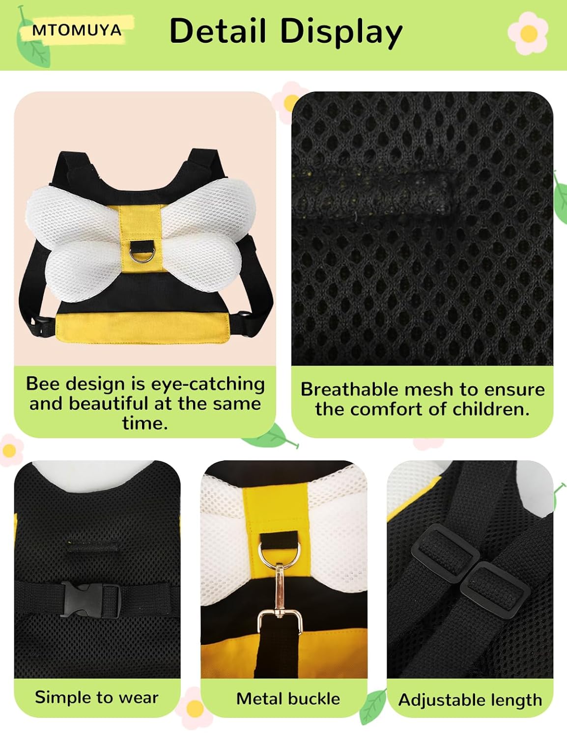 Toddler Harness with Anti Lost Wrist Link - Cute Children Leashes, Yellow Bees Baby Traction Safety Rope Leash with Key Lock Design, for Boys/Girls Walking Assistant