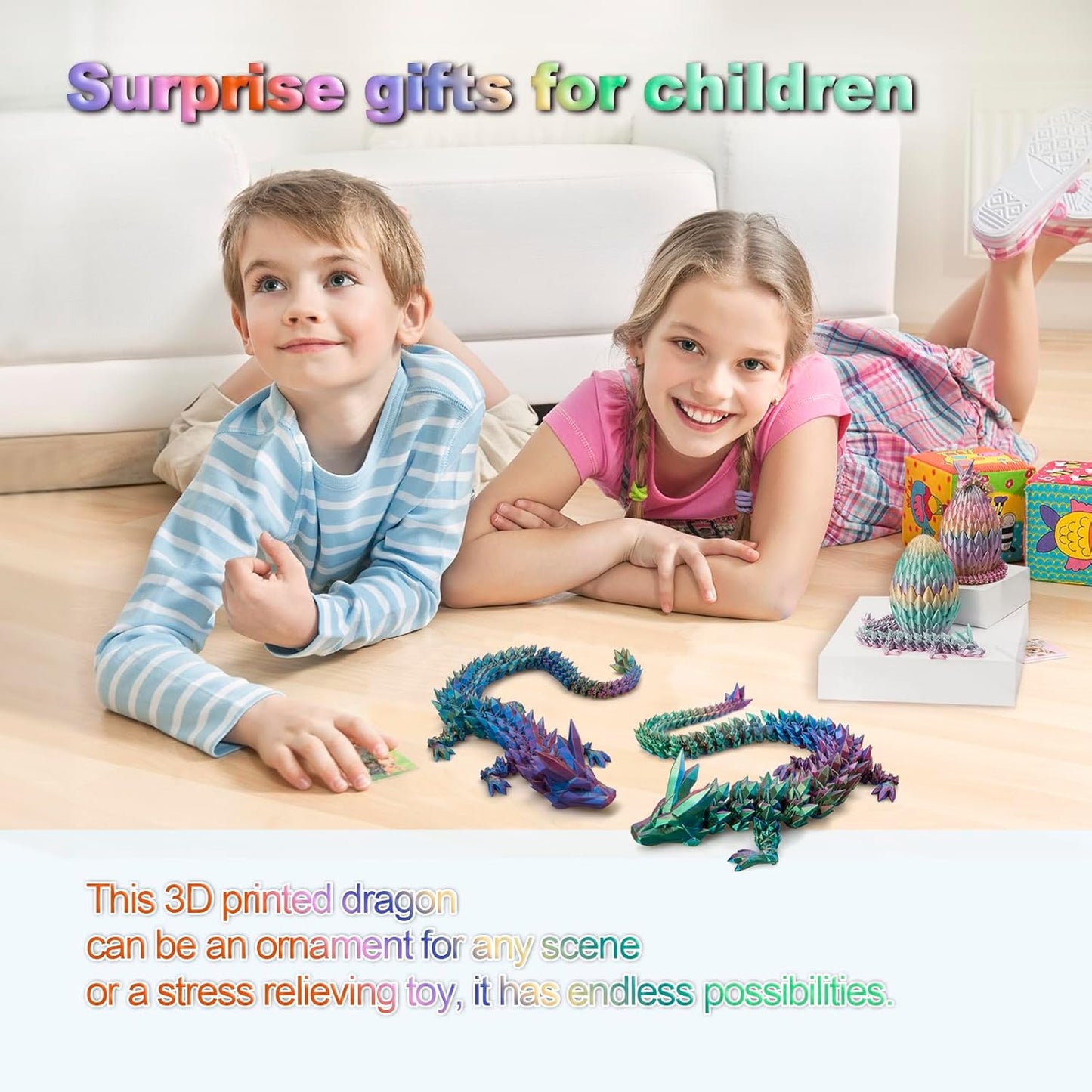 Large 24" 3D Printed Dragon,Articulated Crystal Dragon,3D Dragon Toy,Dragon Collection, Executive Desk Decor (Blue-Green-Purple