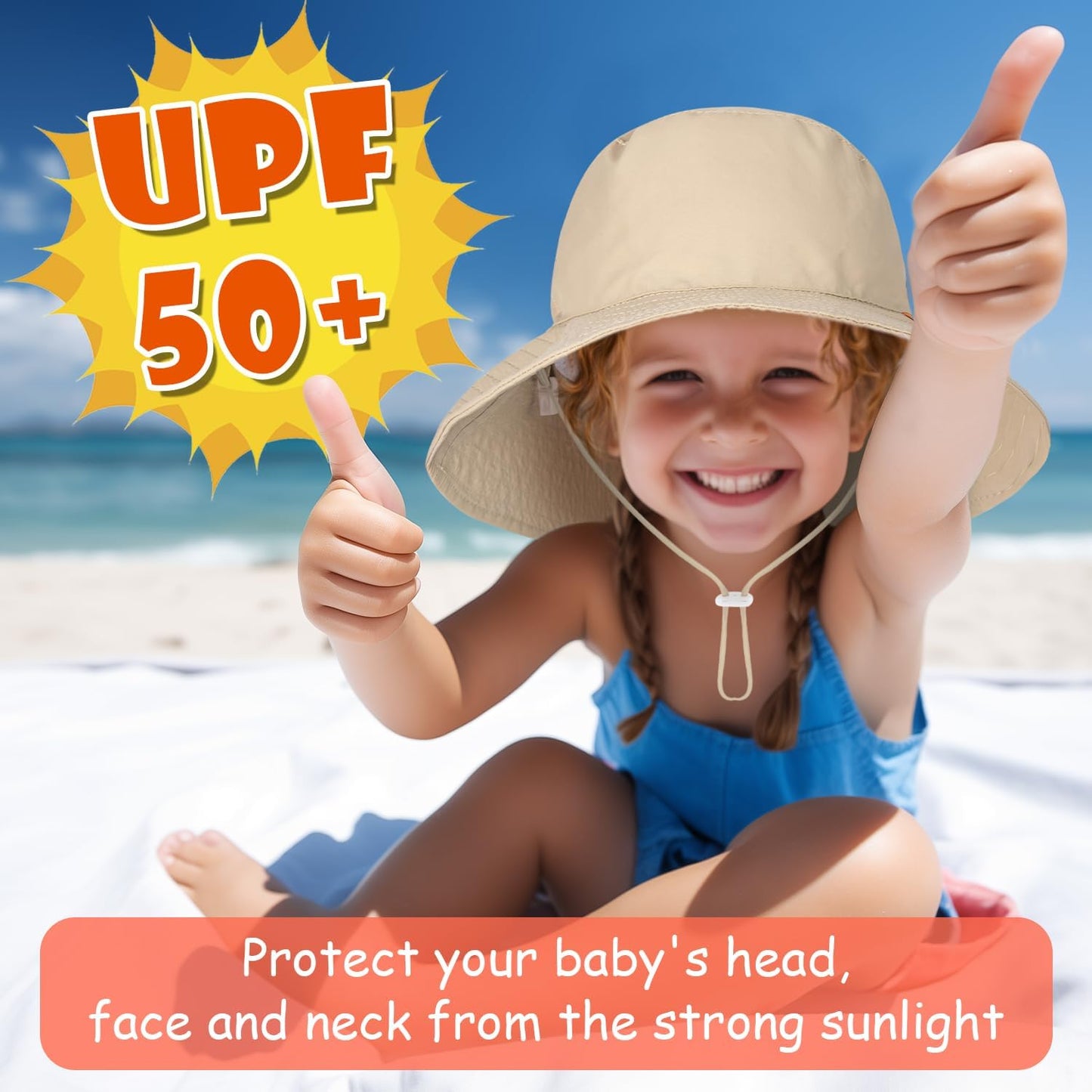 Baby Sun Hat Kids Summer UPF 50+ Toddler Bucket Hat Wide Brim Adjustable Beach Hats for Boys Girls Age 0-6 Years