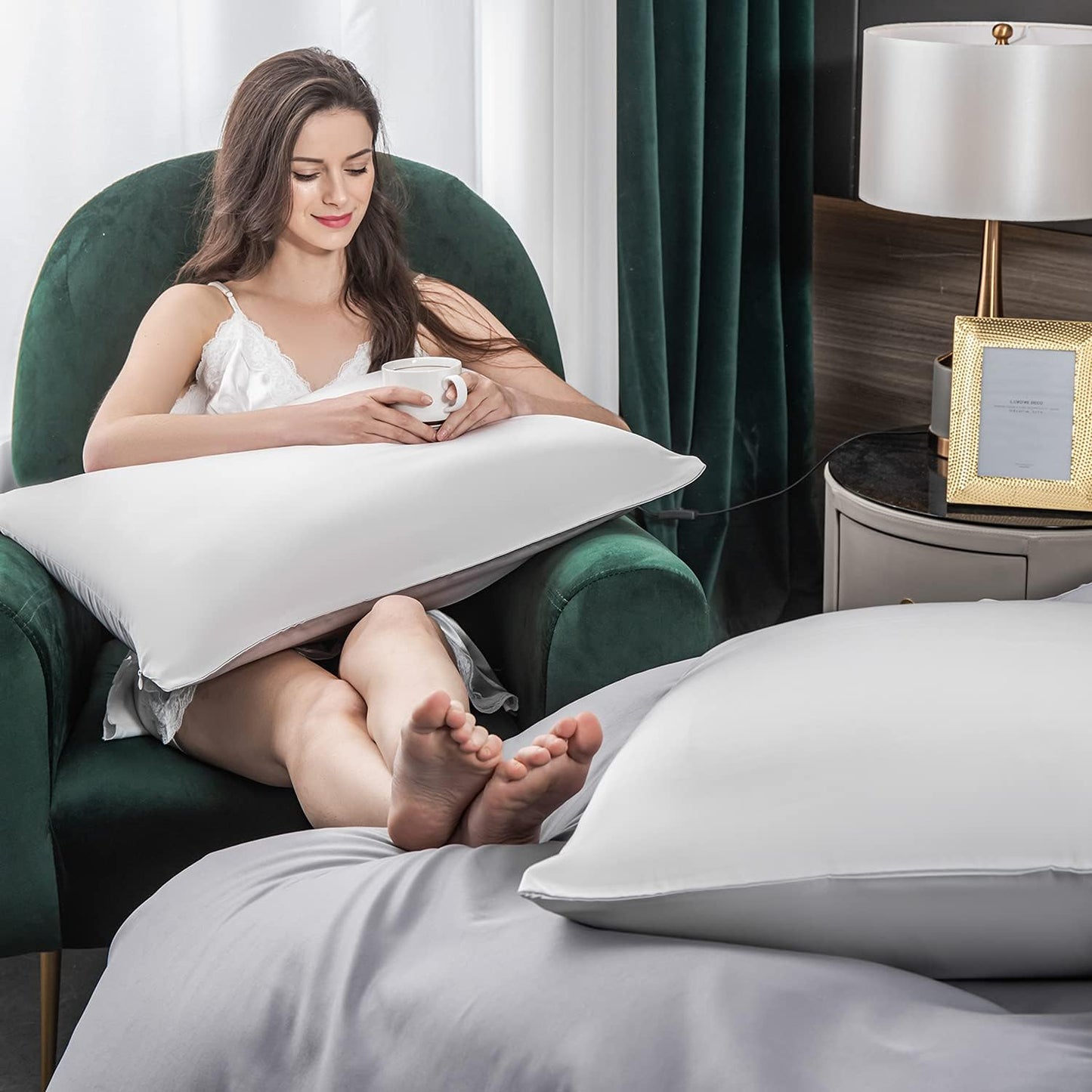 SIYUAN Silk Light Gray Pillowcase, Standard Size, Temperature Regulator, Beauty Anti-Aging, Hidden Zipper