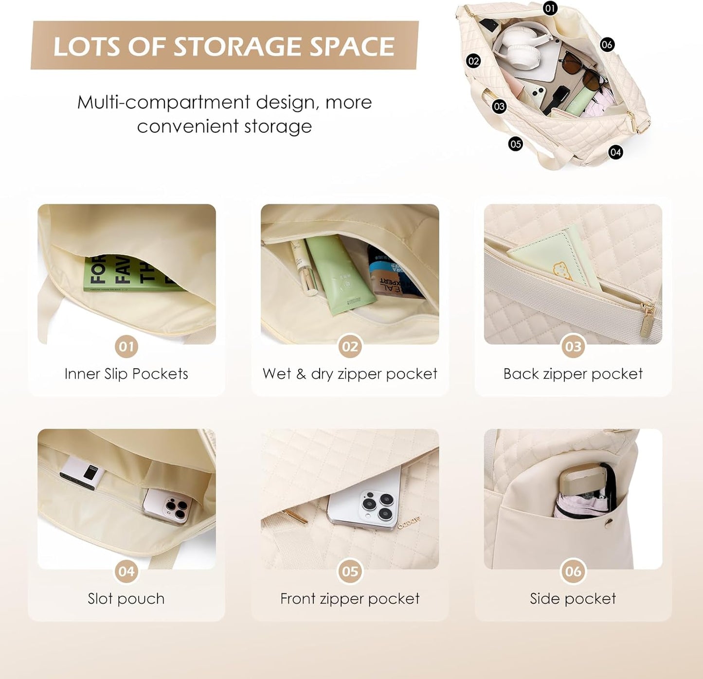 Travel Duffel Bags for Women Weekender Overnight Duffle Bag with Wet Pocket Shoes Compartment Carry on Tote Bag for Business,Trips,Travel,Sports,Gym,Yoga,Hospital,3 Pcs Set, 43L,Beige