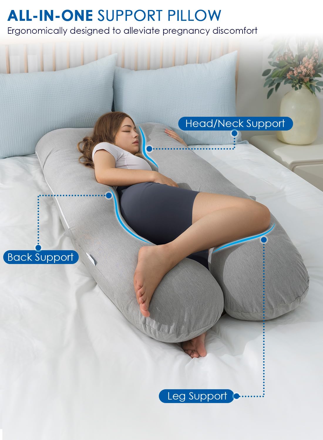 QUEEN ROSE Pregnancy Pillows, Cooling Maternity Pillow for Sleeping, 55in U Shaped Body Pillow for Pregnant Support, with Removable Silky Cover, Gray