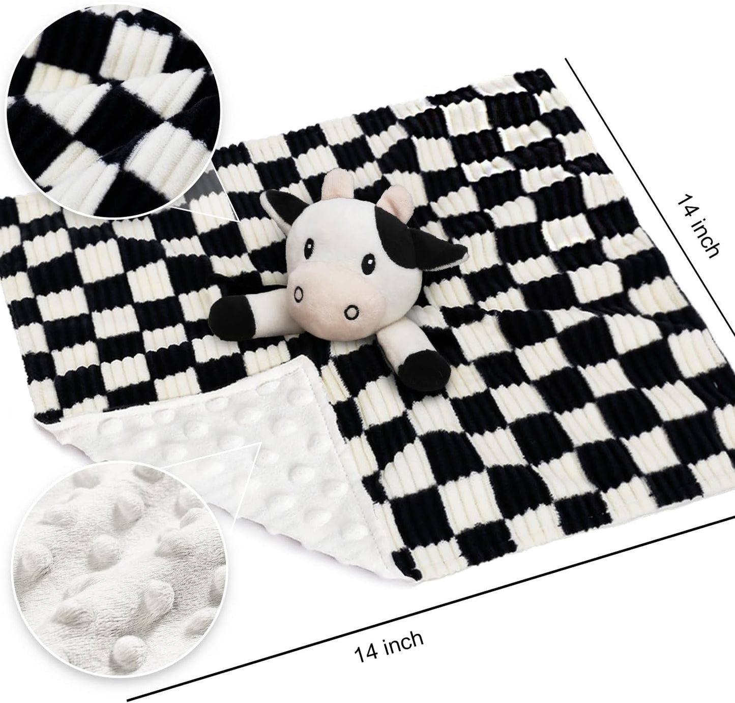 Cow High Contrast Baby Security Blanket for Babies, Soft 3D Checkerboard Lovey with Minky Dot Fabric Backing, Newborn Boys and Girls Snuggle Stuffed Animal Blankie 14 Inch
