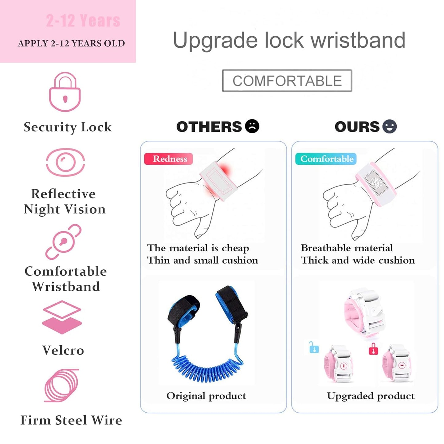 Toddler Harness Walking Leash- Child Anti Lost Wrist Link - Child Safety Harness - Upgrade with Reflective(6.5ft) - for Boys and Girls,Not Easy to Open Without Key (Light Pink)