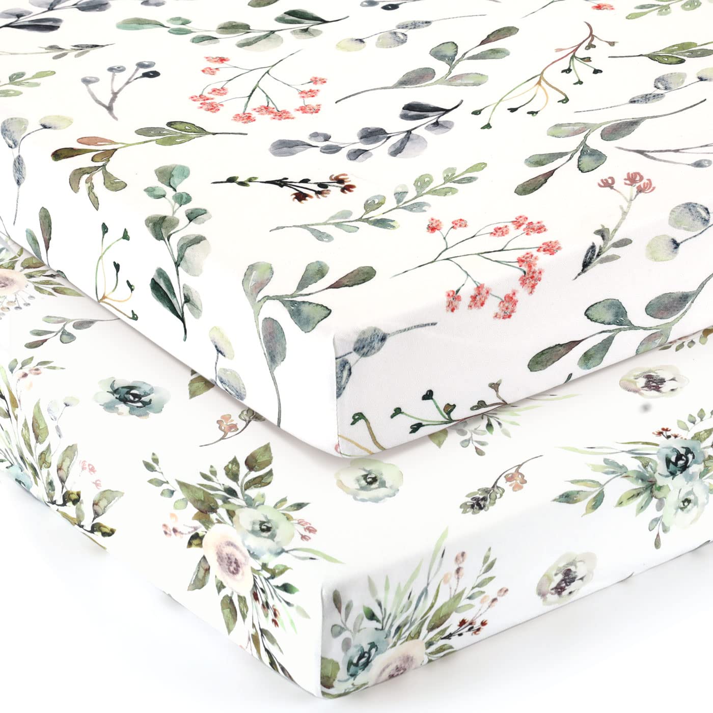 GRSSDER Stretchy Ultra Soft Jersey Knit Fitted Pack n Play Sheets Set 2 Pack， Portable Pack and Play/Mini Cribs Sheets for Girls，Stylish Watercolor Rose and Flora