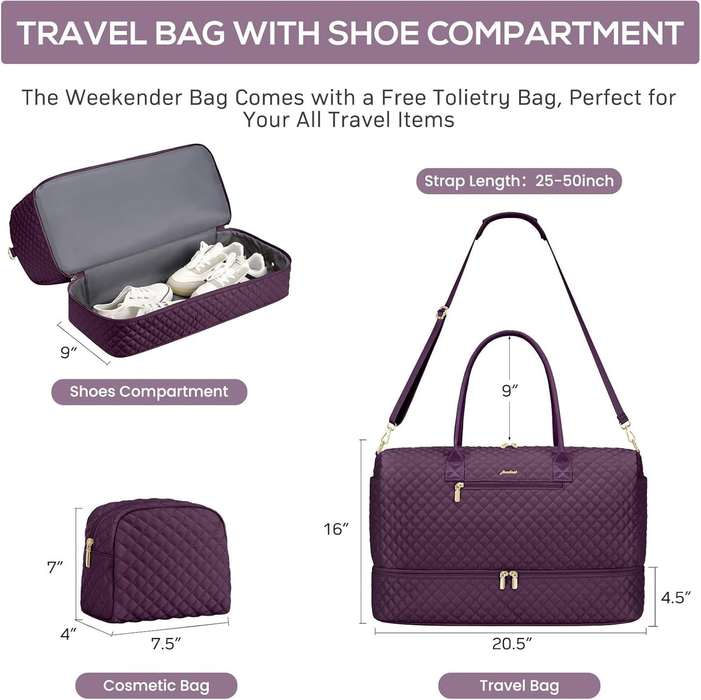 Travel Duffle Weekender Bags for Women - Carry on Overnight with Shoe Compartment Duffle Bag Hospital Bag Dark Purple