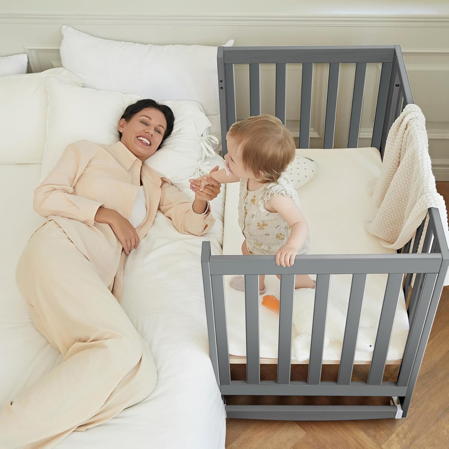 EvoNest Baby Crib, 11 in 1 Convertible Mini Crib with Wheels, 100% New Zealand Wood Growing Bed, 4 Adjustable Mattress Height,Grey