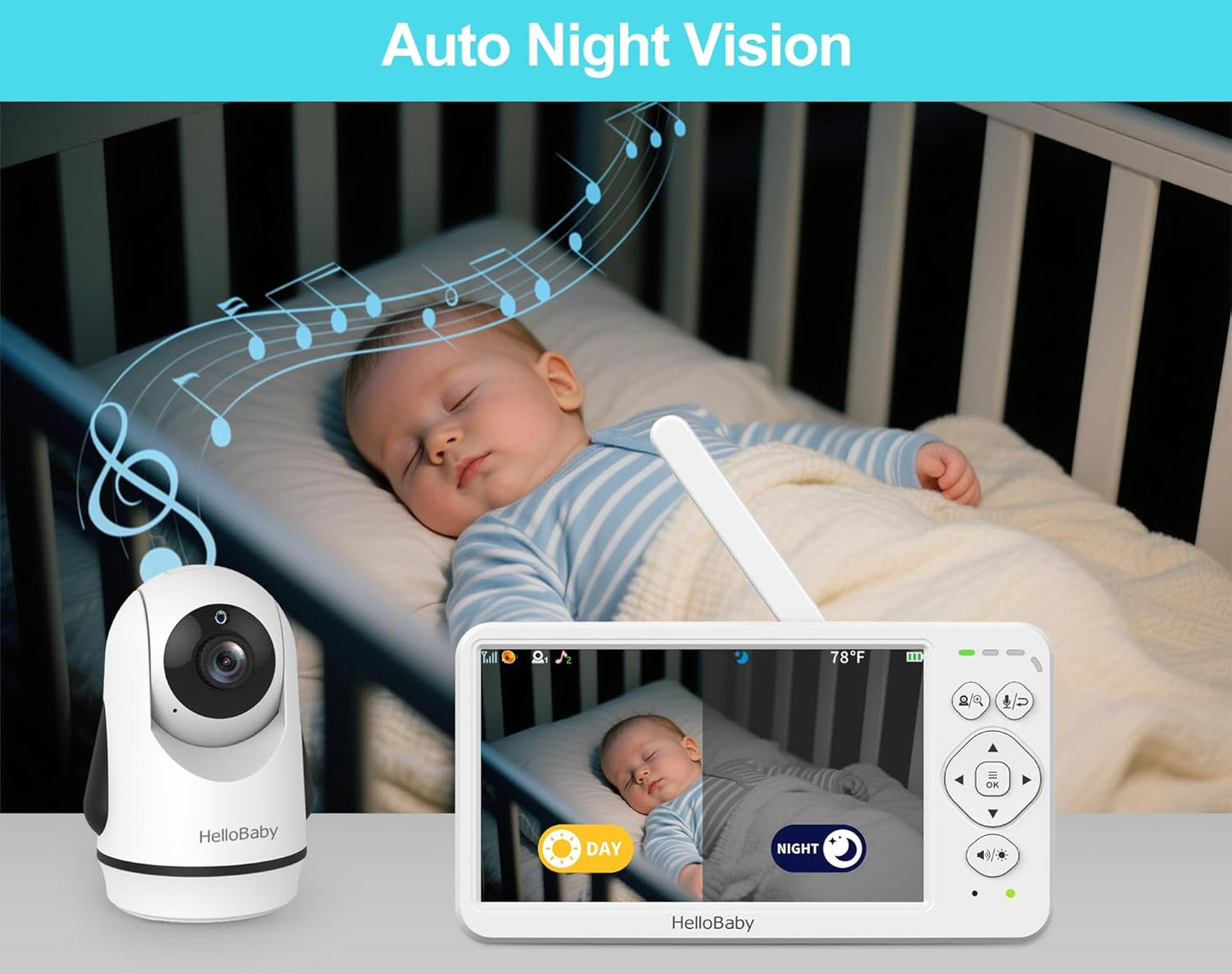 HelloBaby Baby Monitor with Camera and Audio, Large 6'' Video Baby Monitor No WiFi,30-Hour Long Battery, 320° Pan-Tilt Camera with 2X Zoom, Night Vision, 2-Way Talk,ECO,1000ft, Portable, 150 Languages