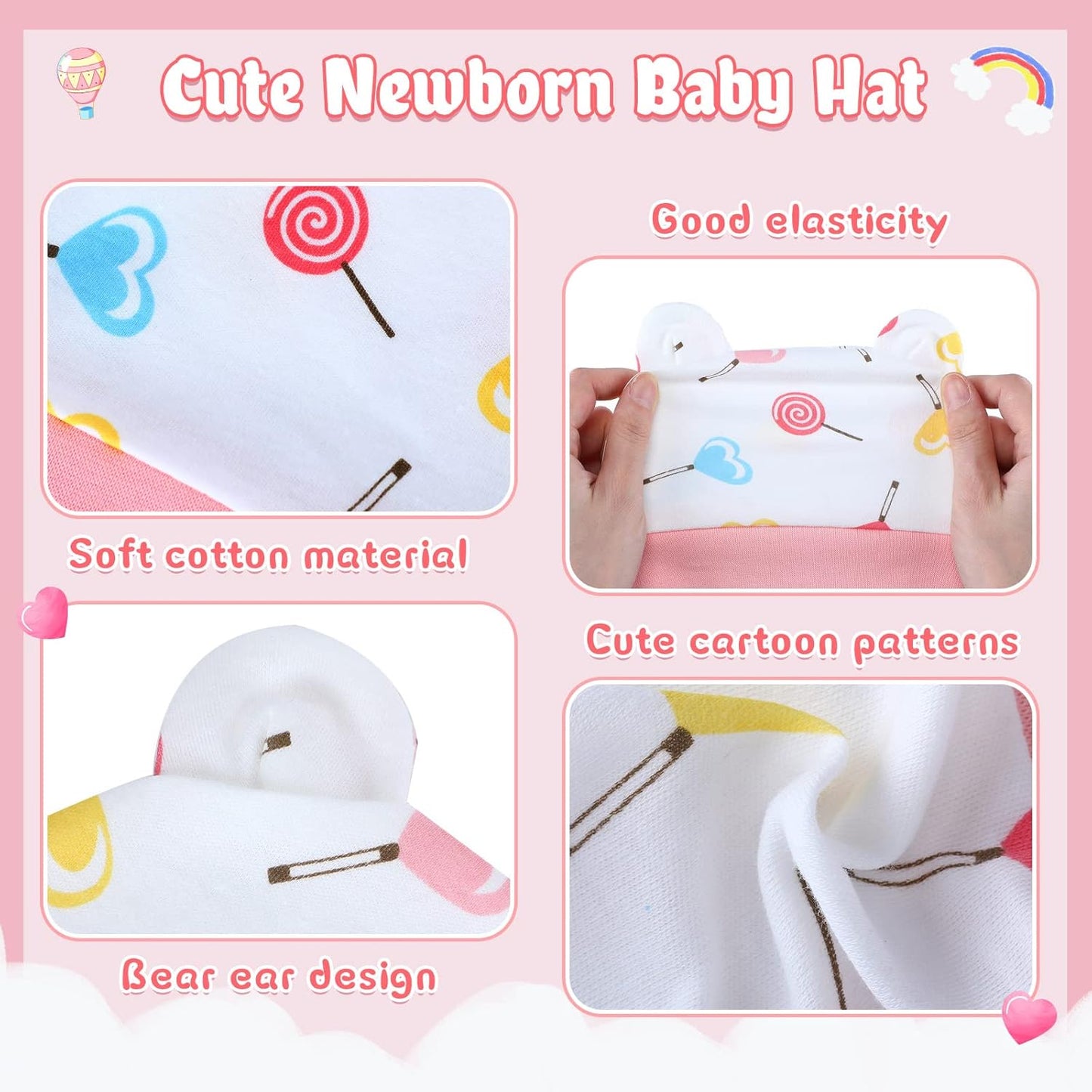Geyoga 6 Pieces Newborn Baby Hat Bear Ears Infant Caps Baby Boy Girl Toddler Hats Infant Beanie Caps for 0-3 Months