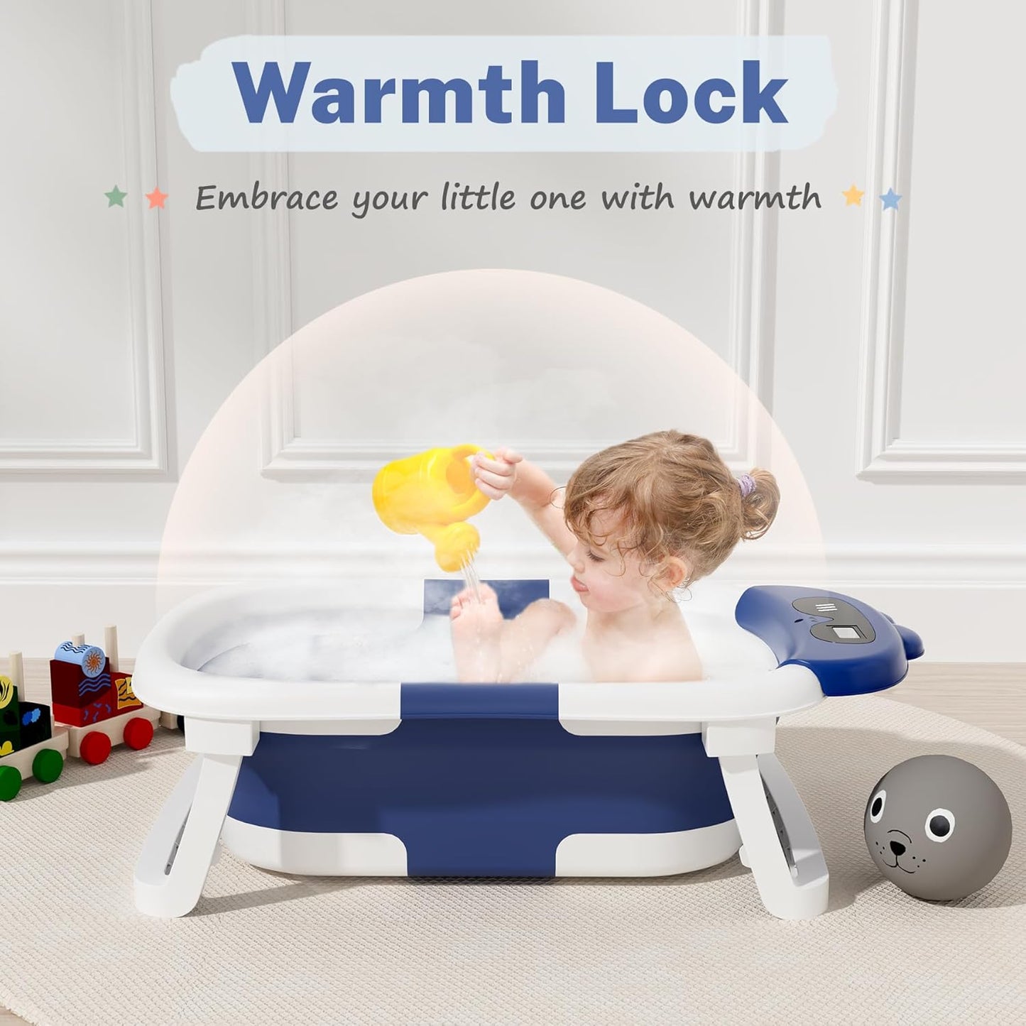 AVIDOR Baby Bathtub,Collapsible Bathtub for Newborn to Toddler,Durable Essential Infant Bath Tub,Portable Travel Baby Tub with Soft Bath Net,No-Slip Feet and Dinosaur Shaped (Navy Blue)