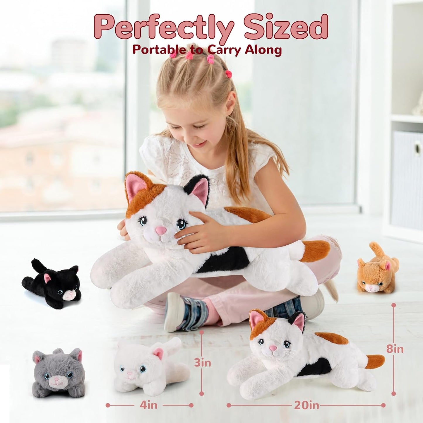 5 Pieces Cat Stuffed Animals with Babies Inside Belly - 1 Mommy Stuffed Cat with 4 Kittens - Stuffed Kitty Plush Toys for Kids Age 3-8, Gifts Ideal for Christmas, Valentine's, Birthday