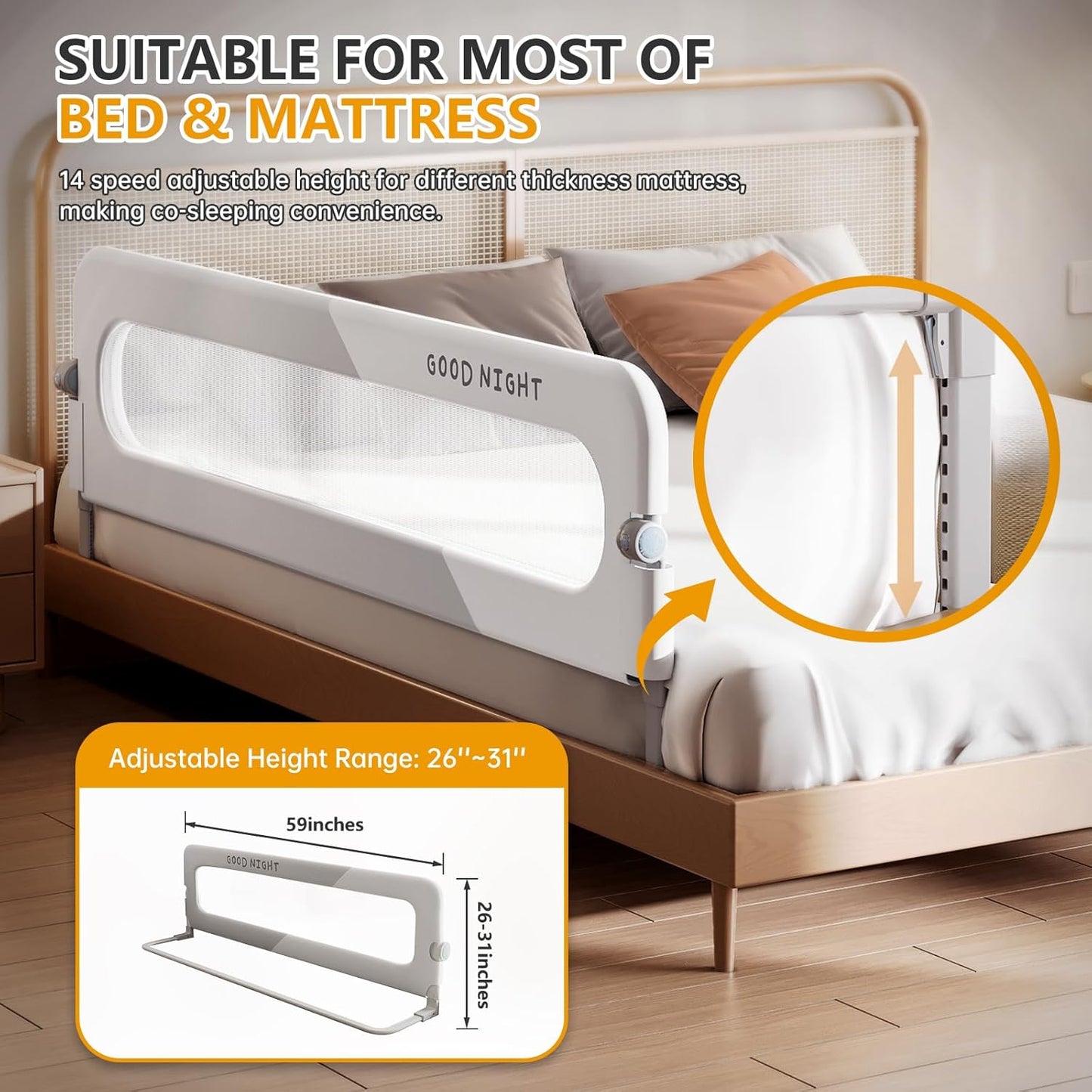 Foldable Toddler Bed Rails - Kids Guard Bumper for Crib Safe Bed Side Rail for Twin Queen King Full Size Beds (59inch)
