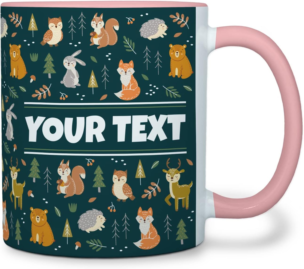 Personalized Mug for Kids - Woodland Animals - Custom Name/Text, Ceramic Hot Chocolate/Cocoa/Coffee Cup for Boys/Girls, Birthday/Christmas/Holiday Gift - 11 oz, Pink Handle