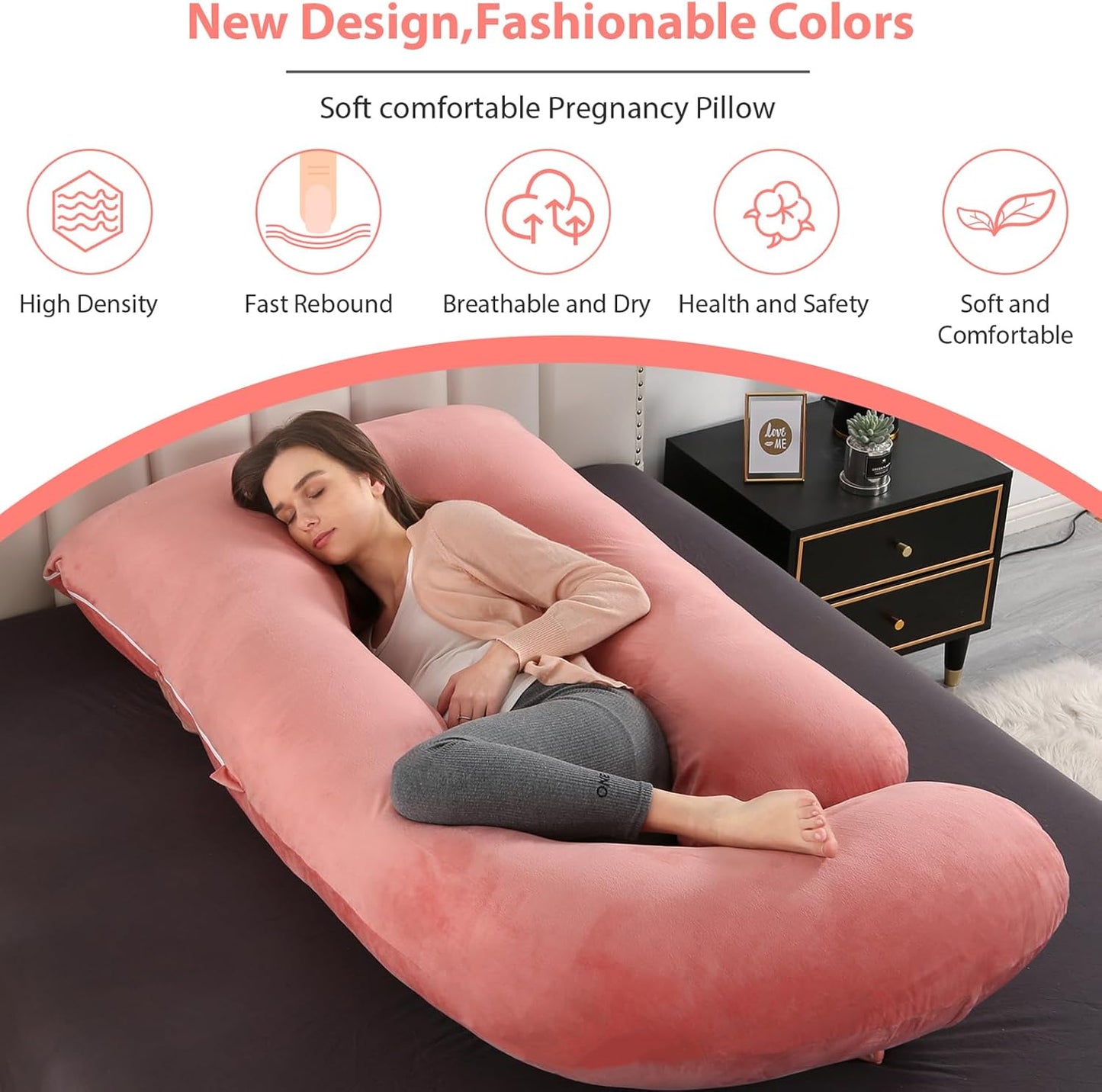 BATTOP Pregnancy Pillow,Pregnancy Pillows for Sleeping,Full Body Pillow with Removable Cover,Support for Back,Legs,Belly,HIPS,57 Inch Maternity Pillow,Pregnancy Must Haves（Pink）