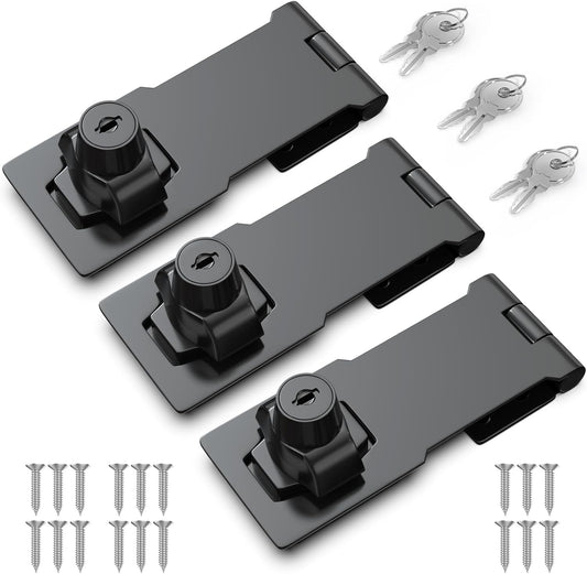 4 Inch Keyed Hasp Lock for Cabinets & Small Doors, Twist Knob Design, Heavy Duty Zinc Alloy with Chrome-Plated Iron, Includes Keys & Screws - Black, 3 Pack