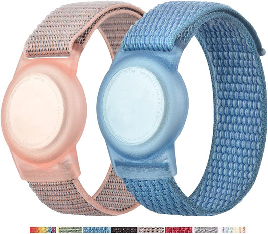 2 Pack Kids Bracelet for AirTag, Protective Cover with Nylon Wristband for Apple Air Tag, Anti Lost GPS Trackers Case Cover Elastic Watch Band for Toddlers Girls Boys Elders (Blue,Pink)
