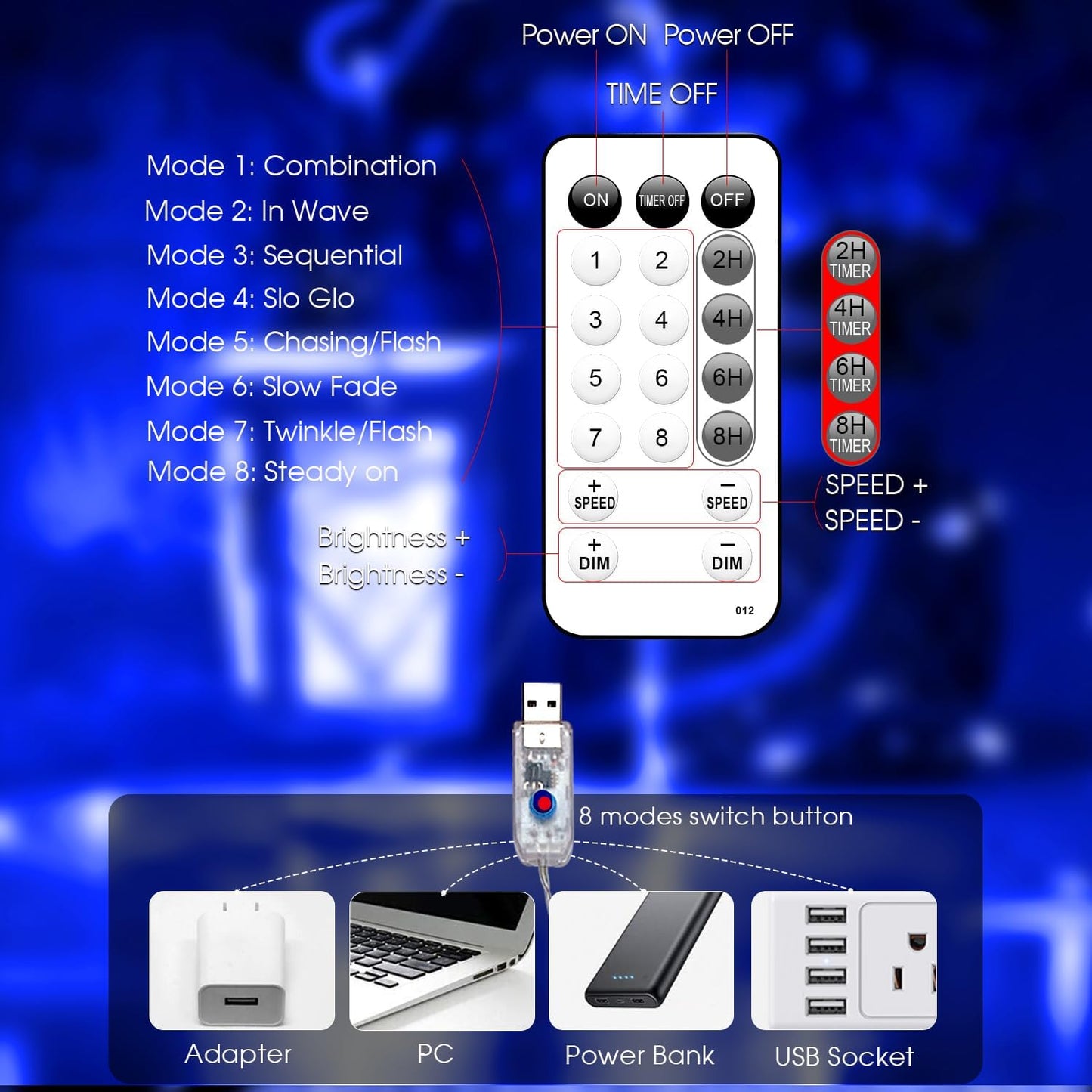 Fairy Lights 72ft 220 LED USB Twinkle String Lights Plug in Silver Wire Lights with Remote and Timer 8 Modes Outdoor Waterproof Starry Lights DIY Party Wedding Christmas Decoration（Blue）