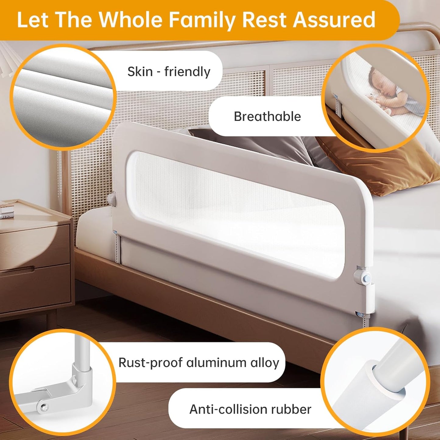 Baby Bed Guard Rail for Toddler - 59in Adjustable Heights, Swing Down Bedrail, Extra Tall Child Safety Side Railing Guards for Kids - Toddler Bed Rail for Queen, King, Twin, and Bunk Size Beds - Full