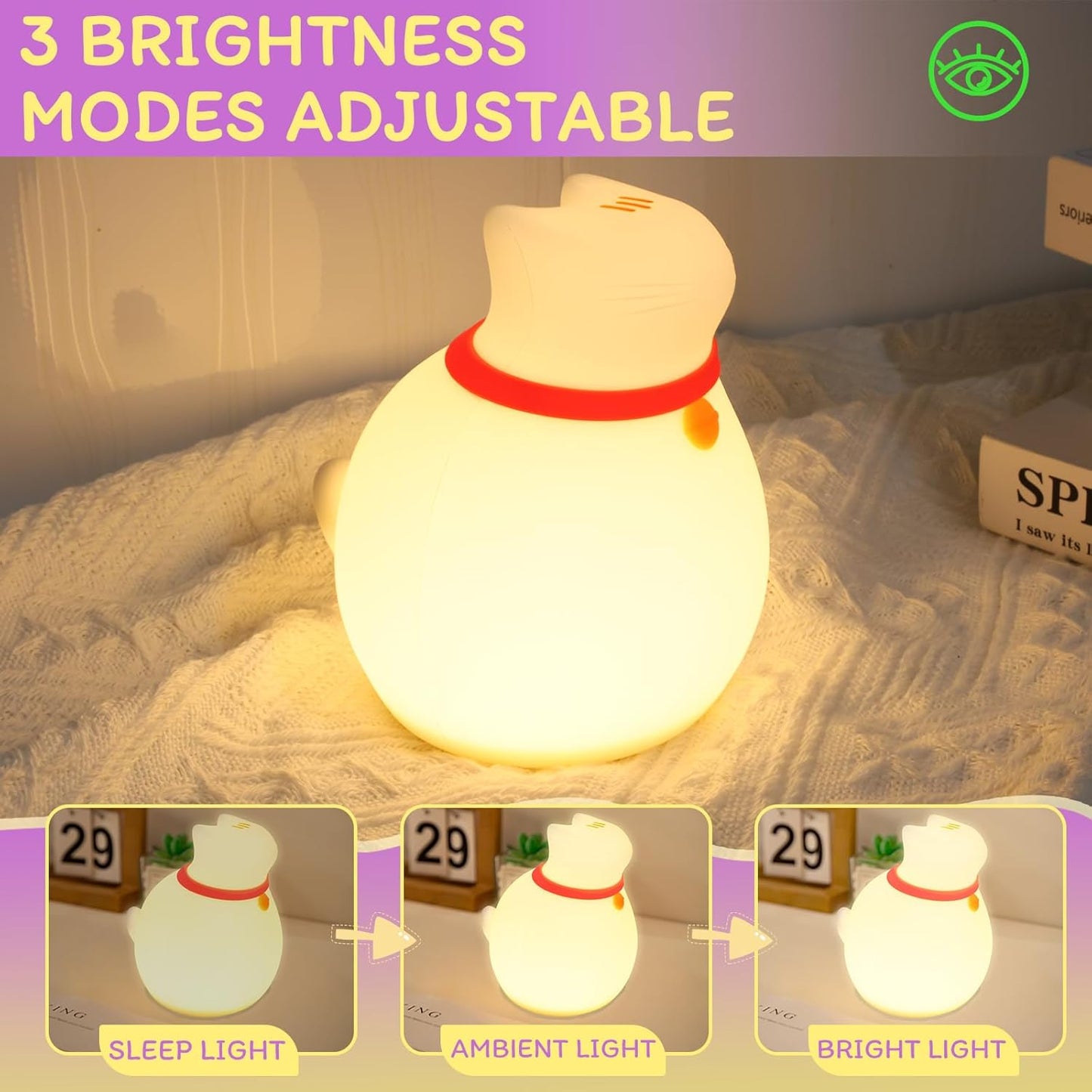 Cat Night Light for Nursery, Silicone Rechargeable Night Light with Timer & 3 Modes, Touch Control Kids Bedroom Light (Cute Cat Design)