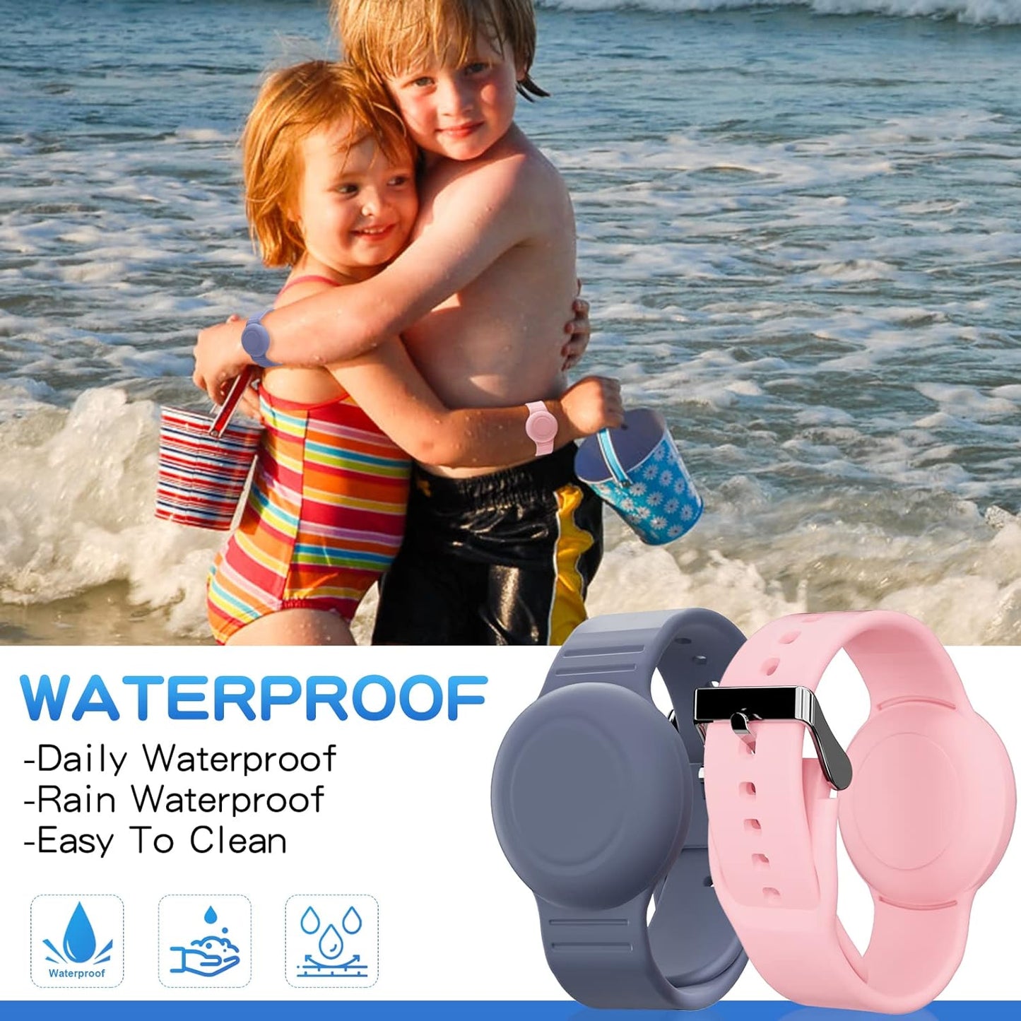 Waterproof Bracelet Compatible with Airtag Case for Kids(2 Pack), Soft Silicone Hidden Wristband, Lightweight GPS Tracker Compatible with Apple Air Tag Watch Band for Child (Grey Blue & Pink)