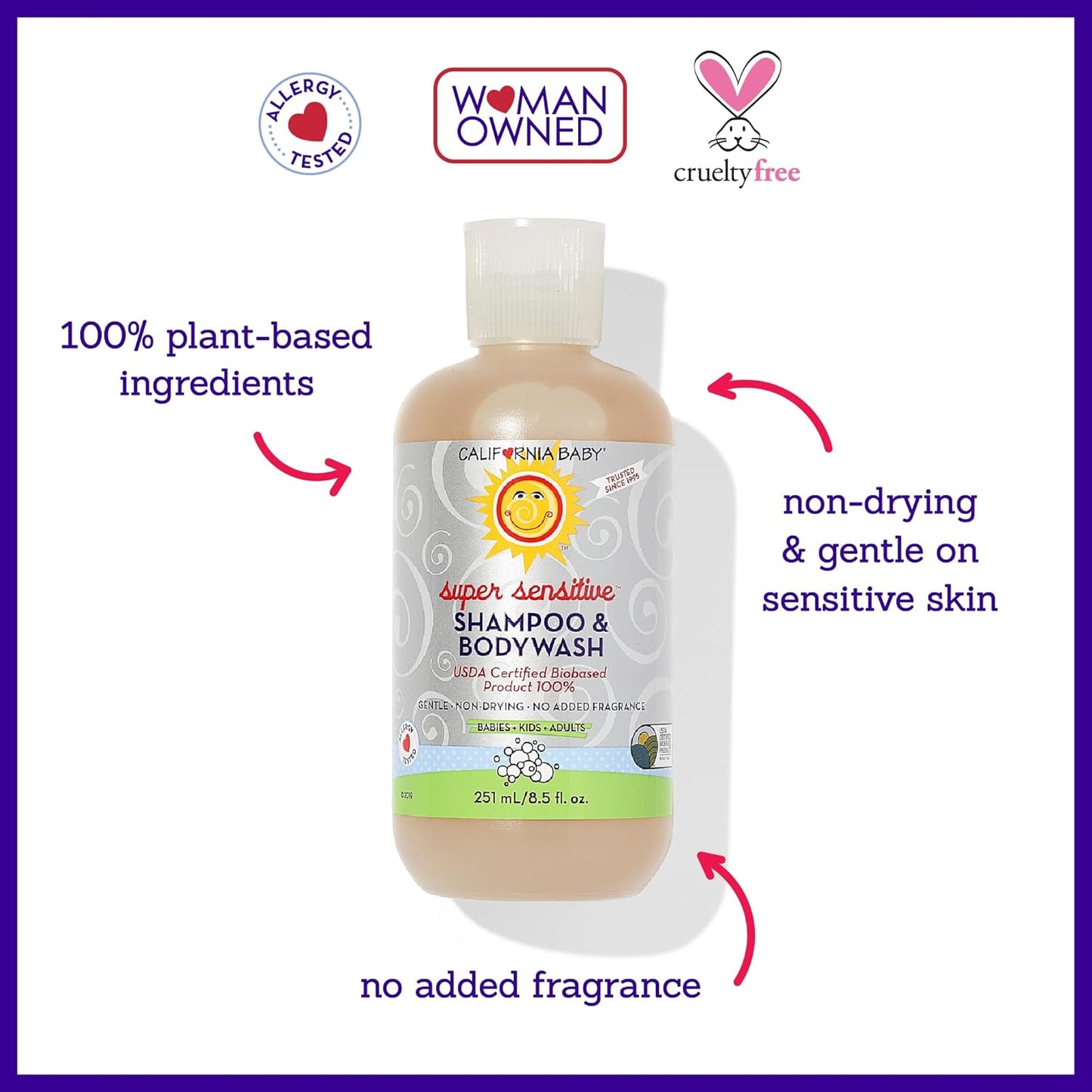 California Baby Super Sensitive Baby Shampoo and Body Wash | 100% Plant-Based | Gentle Fragrance Free Shampoo | Hypoallergenic | 251 mL / 8.5 oz