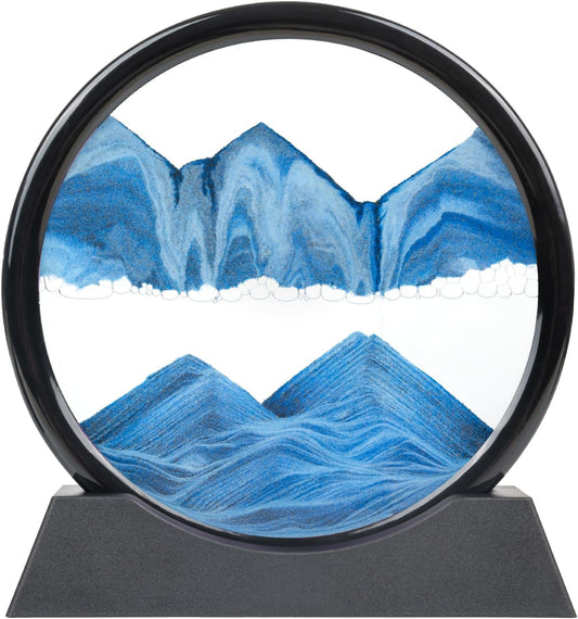 Drakswet Moving Sand Art Liquid Motion，Moving Sand Art Picture-3D Deep Sea Sandscape，Round Glass Frame Display Flowing Sand Relaxing Desktop Home Office Work Decor (Blue)