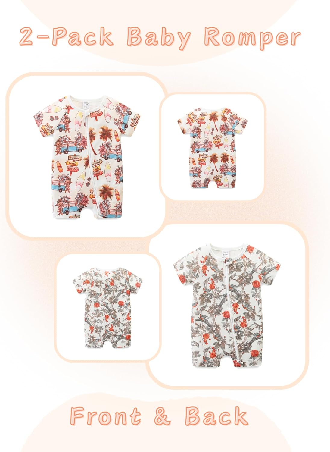 Unisex Summer Trendy 2-Pack Rompers Short Sleeve Zipped Bodysuit Infant Cotton Outfits