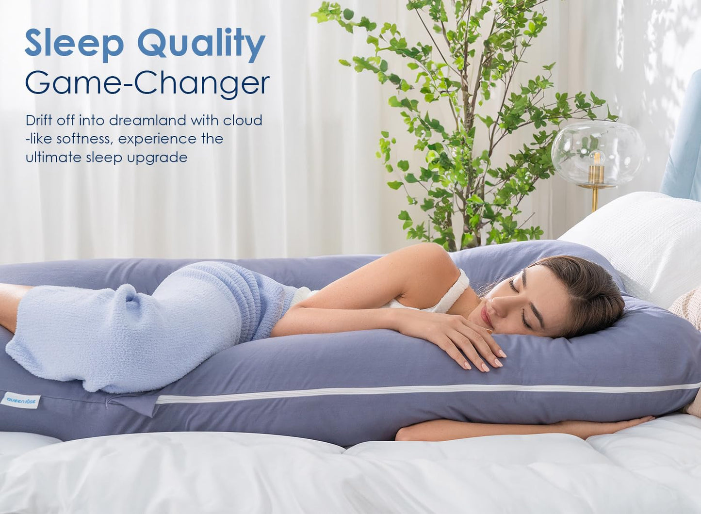 QUEEN ROSE Pregnancy Pillows, 60 Inch Cooling U Shaped Body Pillow for Sleeping, Extra Long Maternity Pillow for Pregnant Women, Body Support for Adults, with Soft Silky Cover, Blue