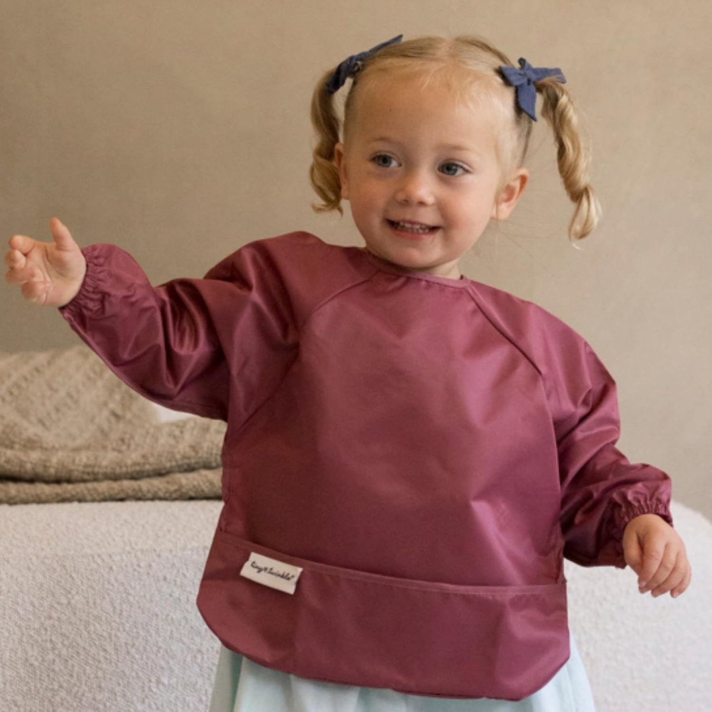 Tiny Twinkle Mess Proof Baby Bibs, 2pk Waterproof Smock Baby Bibs for Eating, Machine Washable Long Sleeve Bibs, Baby Led Weaning, Toddler Bibs, BLW Supplies (Rose Burgundy, Small 6-24 Months)