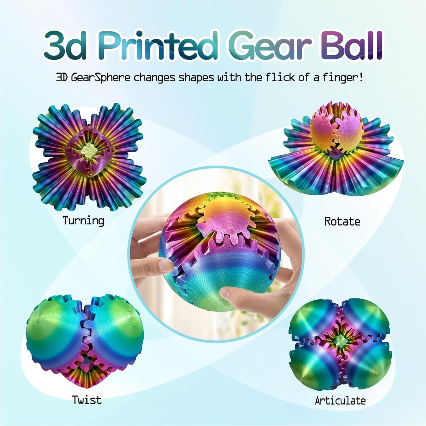 Gear Ball - GearSphere Fidget Toy, 3D Printed Gear Ball Spin Ball Cube Desk Toy, 2024 Gear Sphere Cube Puzzlefor Adults Kids, Stress and Anxiety Relaxing Fidget Toy (Iridescence)