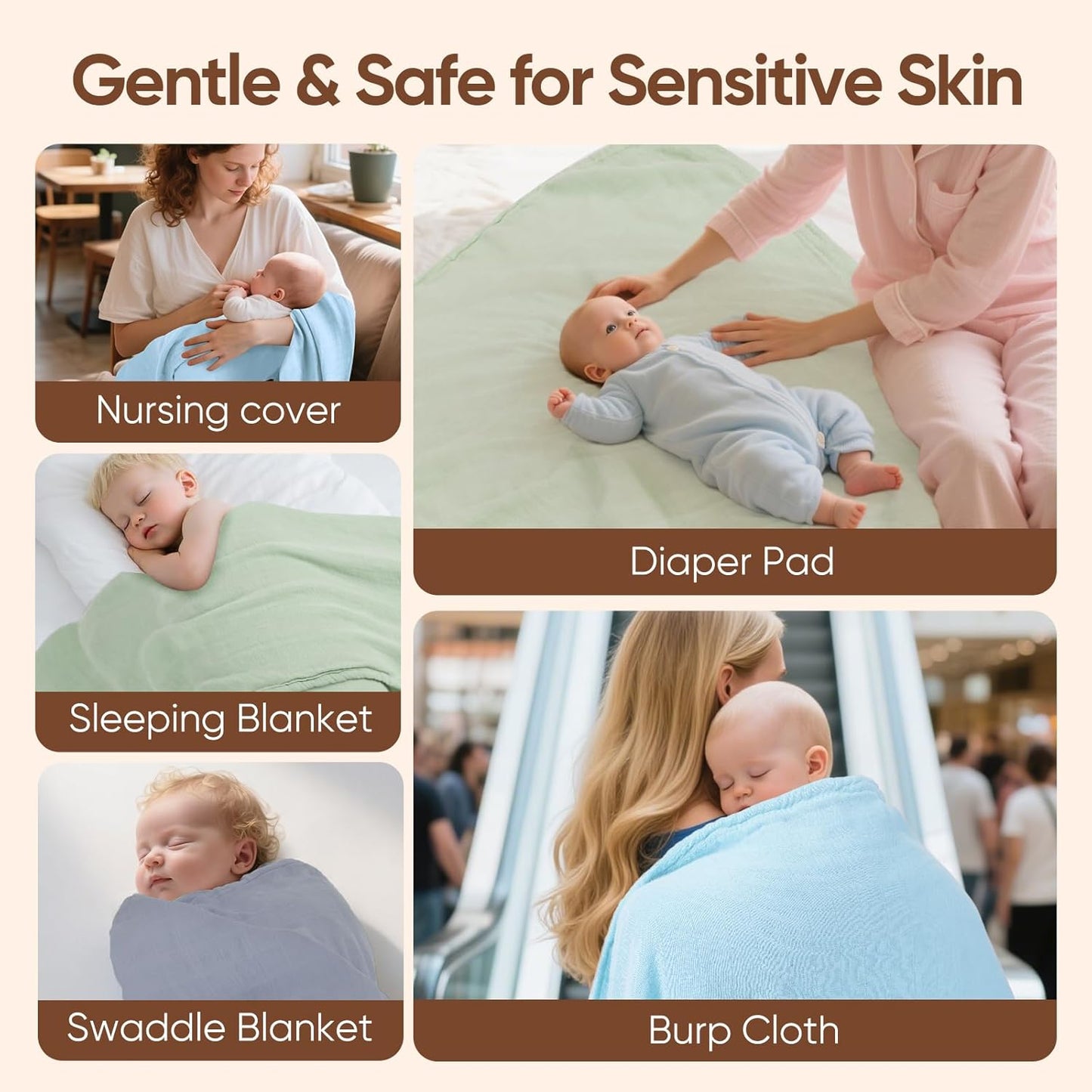 Muslin Swaddle Blankets, Nursery Receiving Blanket for Newborn, Baby Swaddle Wrap Soft Silky & Breathable, 3 Packs, 47 X 47In (Blue and Green 3 Pieces)