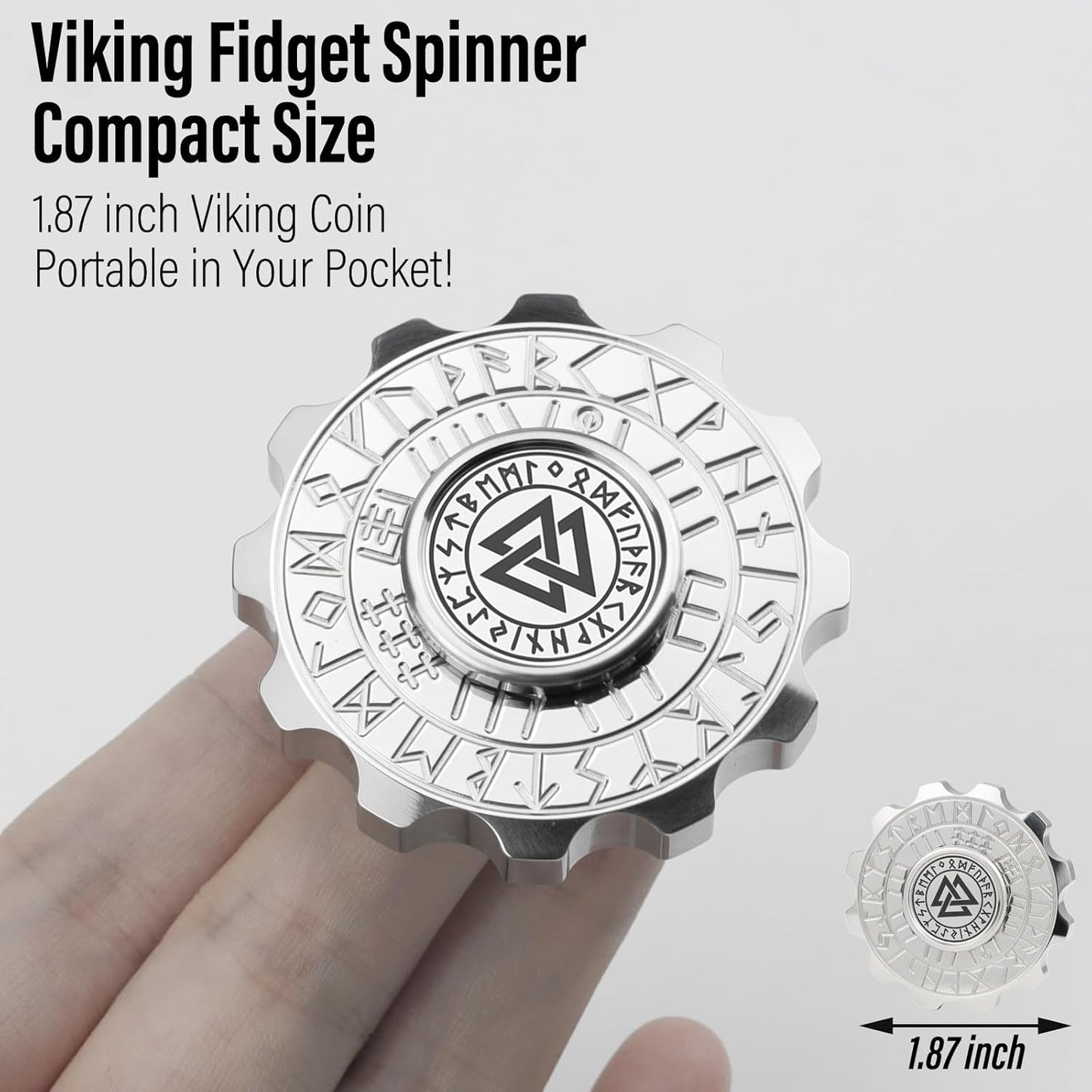 FREELOVE Metal Fidget Spinner, Viking Pirate Haptic Gyro, Heavy Stainless Steel Hand Spinning, Small Round Gear Fidget Block, Premium Bearing Silent Long Spinning for Adults Anxiety Cool, Silver