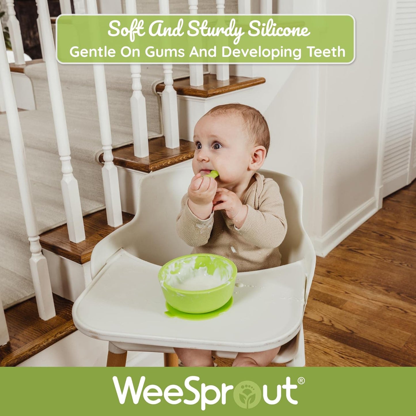 WeeSprout Baby Spoons for Self Feeding 6 Months +, Soft & Durable Silicone Utensils for Sensitive Gums & Teeth, Easy Grip Handles & Shorter Length for Little Hands, 3 Pack + Carrying Case