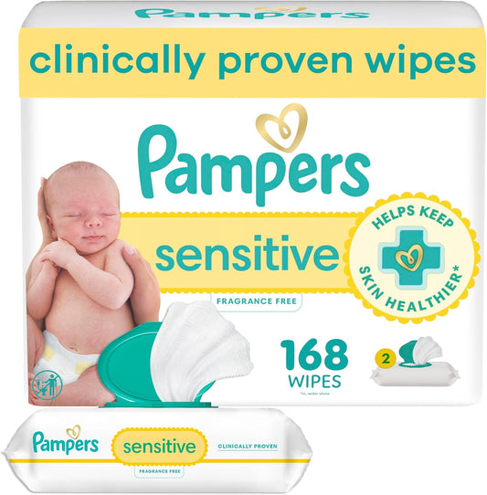 Pampers Baby Wipes Sensitive, Water Based Baby Wipes, Hypoallergenic and Unscented Baby Wipes, 168 Wipes Total (2 Flip-Top Packs)