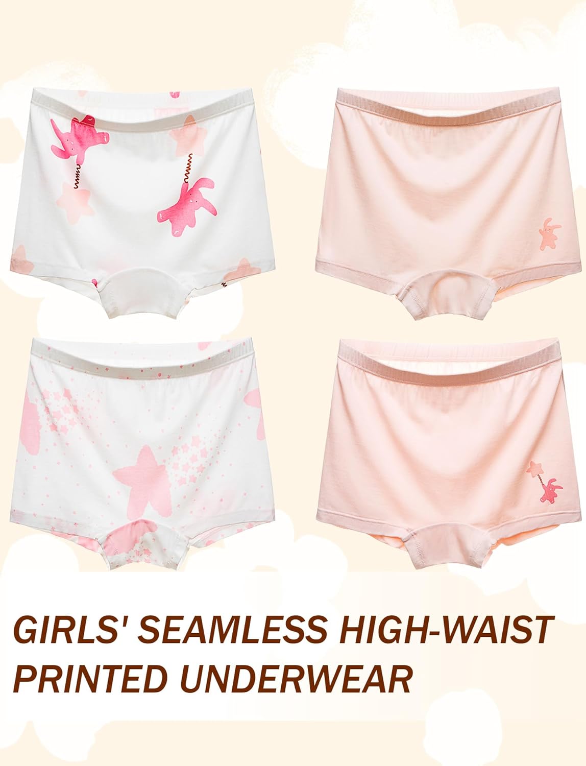 SEAUR Girls' Seamless Underwear 4-Pack Soft Breathable Ice Silk Boyshorts Panties Cute Prints Boxer Briefs for 6-16 Years