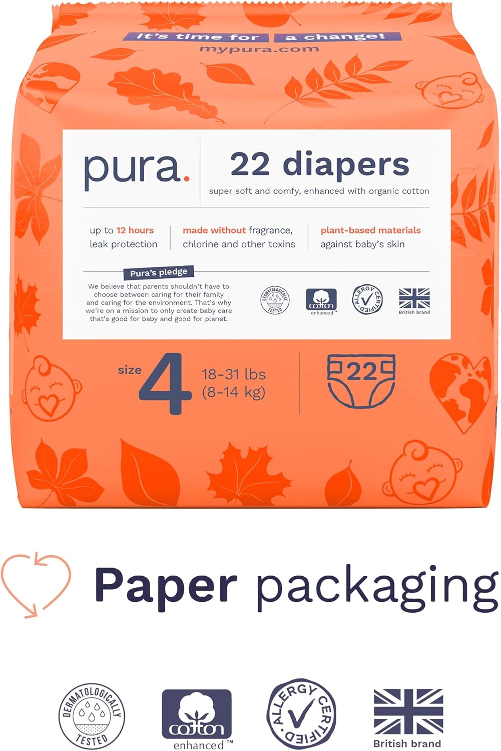 Pura Sensitive Skin Baby Diapers | Size 4 (18-31 lbs) | Hypoallergenic, Totally Chlorine Free, Fragrance Free, Up to 12-Hour Leak Protection | 6 Packs of 22 (132 Diapers)