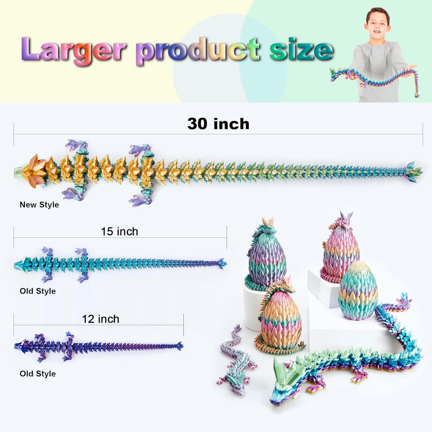 Large 30" 3D Printed Dragon,Articulated Crystal Dragon,3D Dragon Toy,Dragon Collection, Executive Desk Decor (Rainbow)