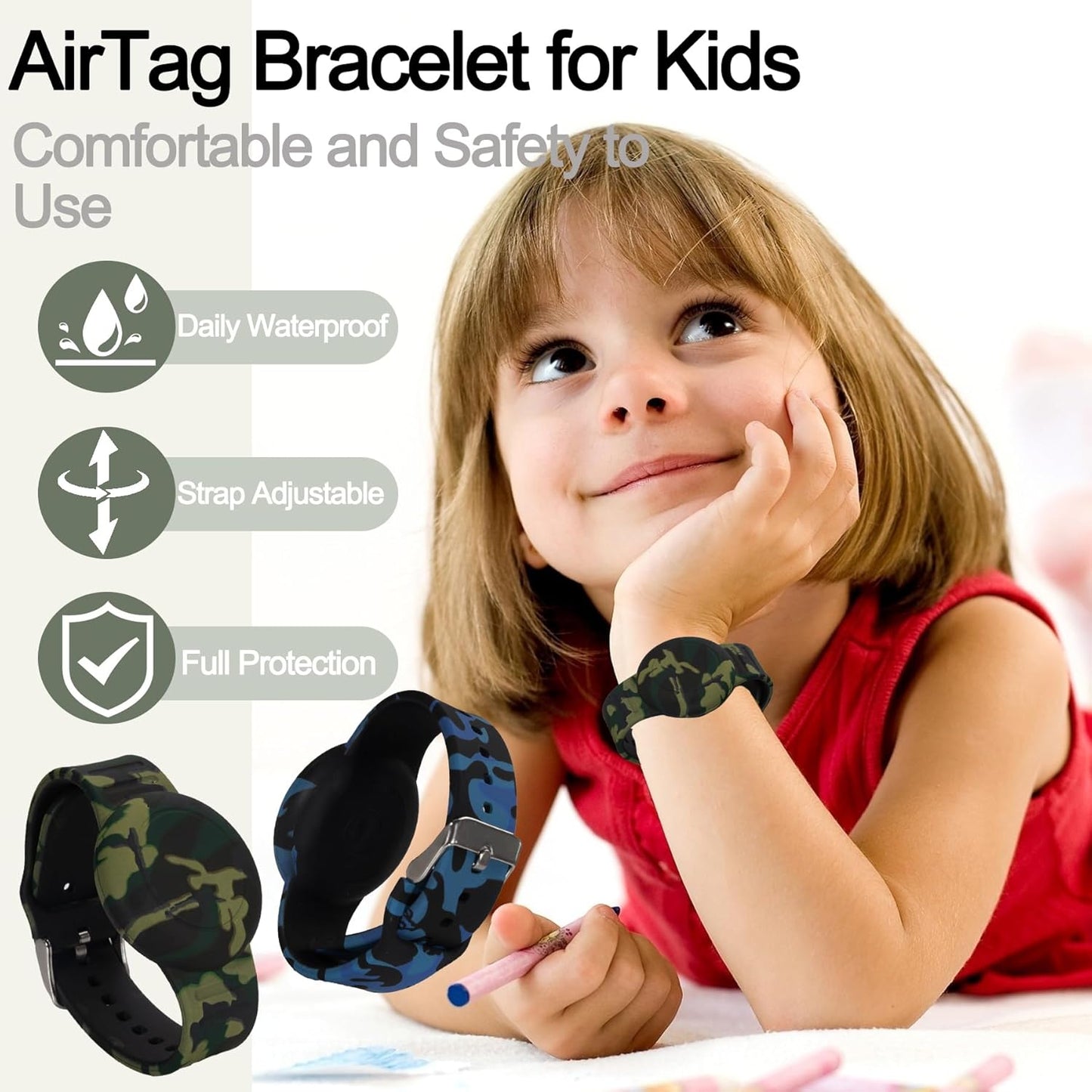 Waterproof AirTag Bracelet for Kids, Hidden Printed Wristband for Apple Air Tag, Silicone AirTag Holder GPS Tracker Case for Band for Child Toddler, Secure Anti-Lost Protection(Black)
