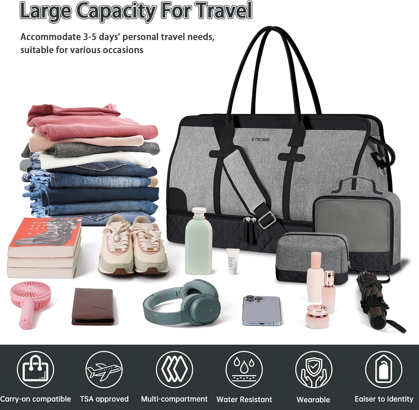 ETRONIK Weekender Overnight Bags for Women, Large Travel Duffle Bags with Shoe Compartment & Wet Pocket, Carry On Gym Bag with Toiletry Bags for Hospital 3 Pcs Set, Large Size, Black-Grey