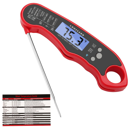 Lonicera Meat Thermometer Digital for Cooking Food. Waterproof & Instant Read for Kitchen Baking, BBQ. with Foldable Probe, Backlight & Calibration (Red)
