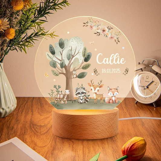 callie Acrylic Night Light Name Plate Personalized, Custom Cute Fox Deer Turtle Forest Animal with Wooden Base Bedroom Decor, Birthday Gifts Kid Gifts for Family (Forest Fauna)