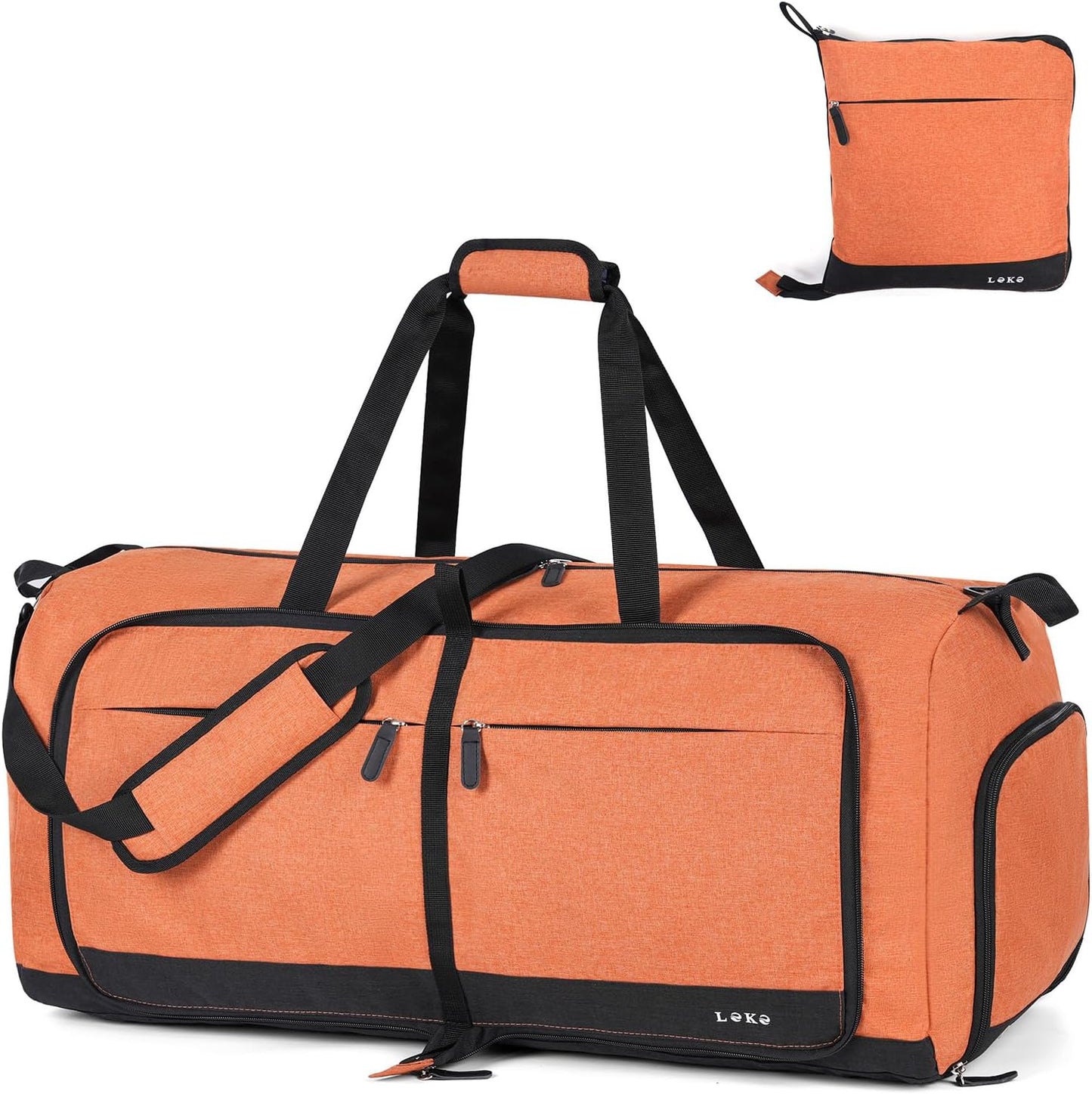 Lekesky Foldable Travel Duffel Bag for Women, 80L Large Duffle Bag with Separate Shoes Compartments & Straps, Carry On Weekend Bag for Women, Hospital, Overnight(Orange)