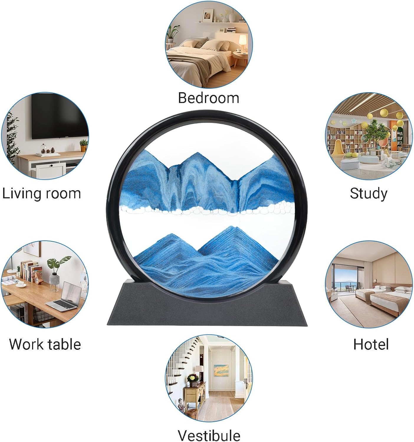 Drakswet Moving Sand Art Liquid Motion，Moving Sand Art Picture-3D Deep Sea Sandscape，Round Glass Frame Display Flowing Sand Relaxing Desktop Home Office Work Decor (12inch Blue)